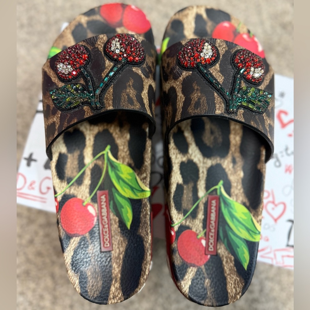 Dolce & Gabbana Leopard Cherry Embellished Slides